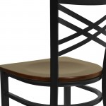 Black ''X'' Back Metal Restaurant Chair - Mahogany Wood Seat