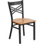 Black \'\'X\'\' Back Metal Restaurant Chair - Natural Wood Seat