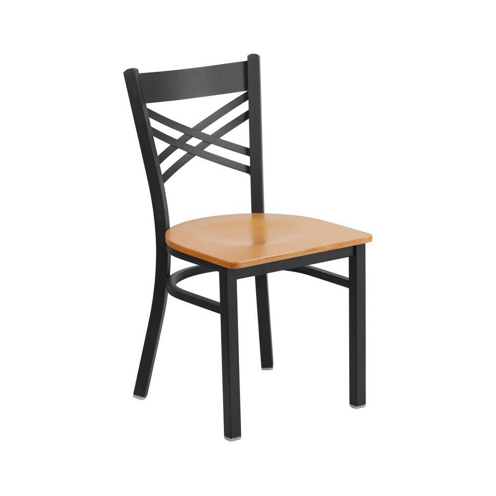 Black ''X'' Back Metal Restaurant Chair - Natural Wood Seat