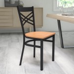 Black ''X'' Back Metal Restaurant Chair - Natural Wood Seat