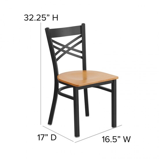 Black ''X'' Back Metal Restaurant Chair - Natural Wood Seat