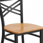 Black ''X'' Back Metal Restaurant Chair - Natural Wood Seat