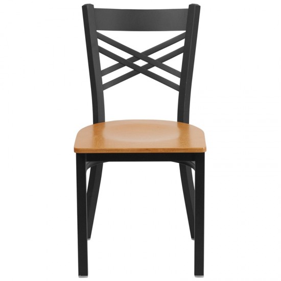 Black ''X'' Back Metal Restaurant Chair - Natural Wood Seat