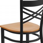 Black ''X'' Back Metal Restaurant Chair - Natural Wood Seat