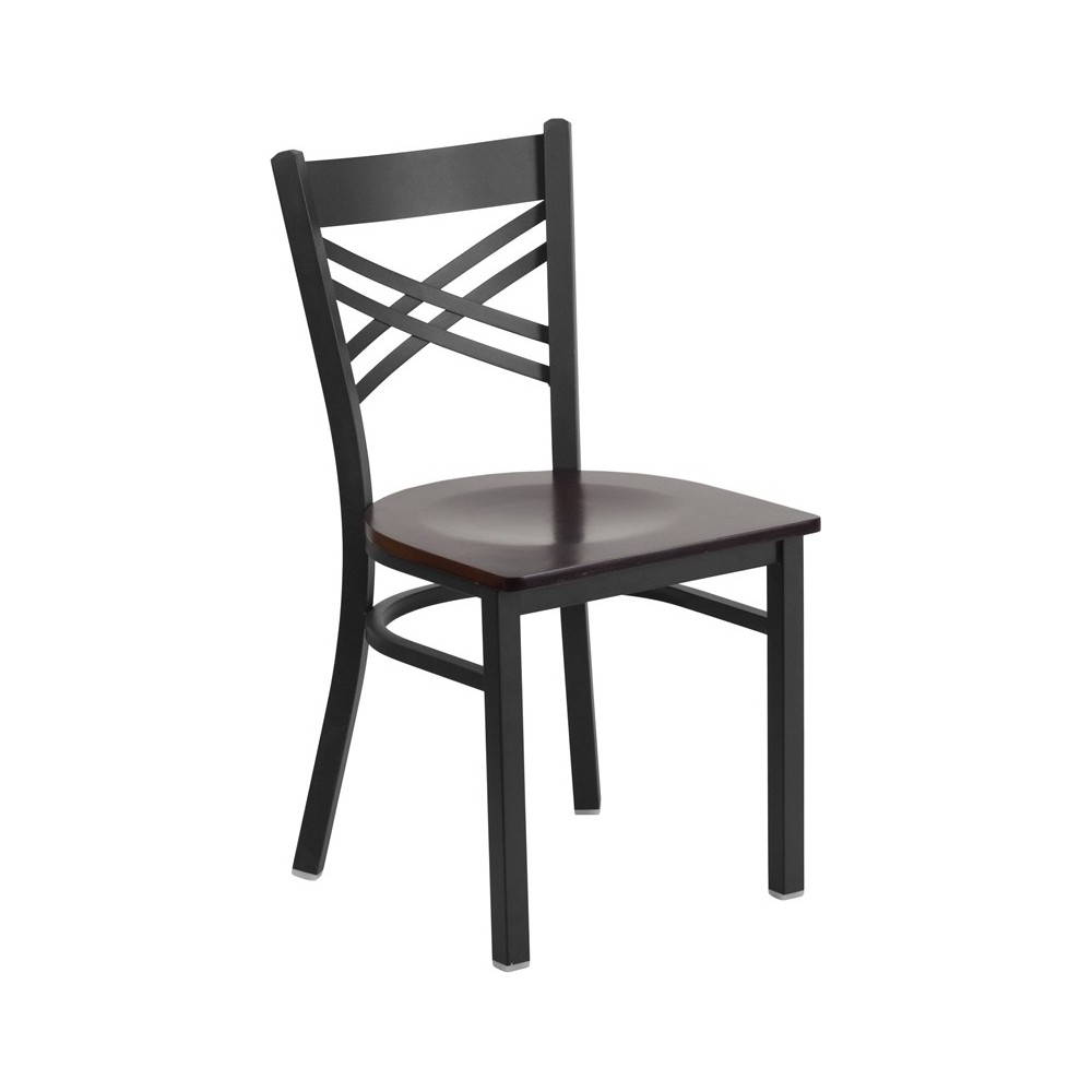 Black ''X'' Back Metal Restaurant Chair - Walnut Wood Seat Black ''X'' Back Metal Restaurant Chair - Walnut Wood Seat