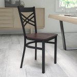 Black ''X'' Back Metal Restaurant Chair - Walnut Wood Seat