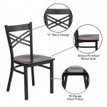 Black ''X'' Back Metal Restaurant Chair - Walnut Wood Seat