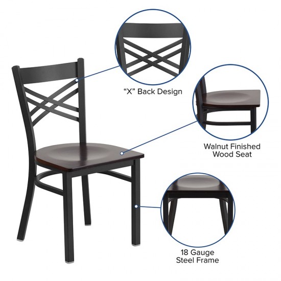 Black ''X'' Back Metal Restaurant Chair - Walnut Wood Seat