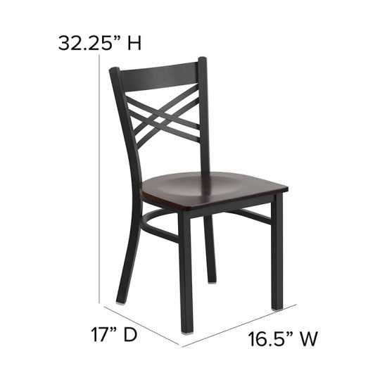 Black ''X'' Back Metal Restaurant Chair - Walnut Wood Seat