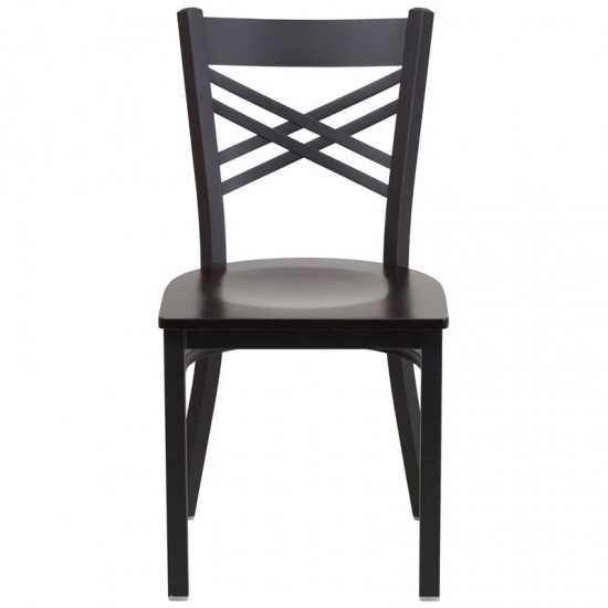 Black ''X'' Back Metal Restaurant Chair - Walnut Wood Seat