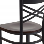 Black ''X'' Back Metal Restaurant Chair - Walnut Wood Seat