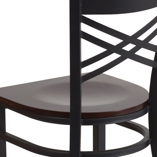 Black ''X'' Back Metal Restaurant Chair - Walnut Wood Seat