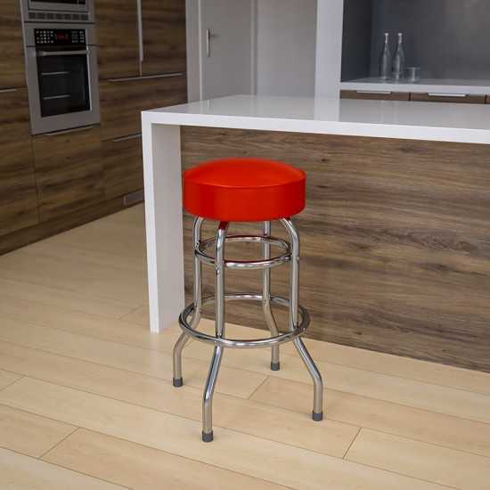 Double Ring Chrome Barstool with Red Seat