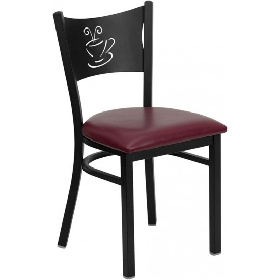 Black Coffee Back Metal Restaurant Chair - Burgundy Vinyl Seat