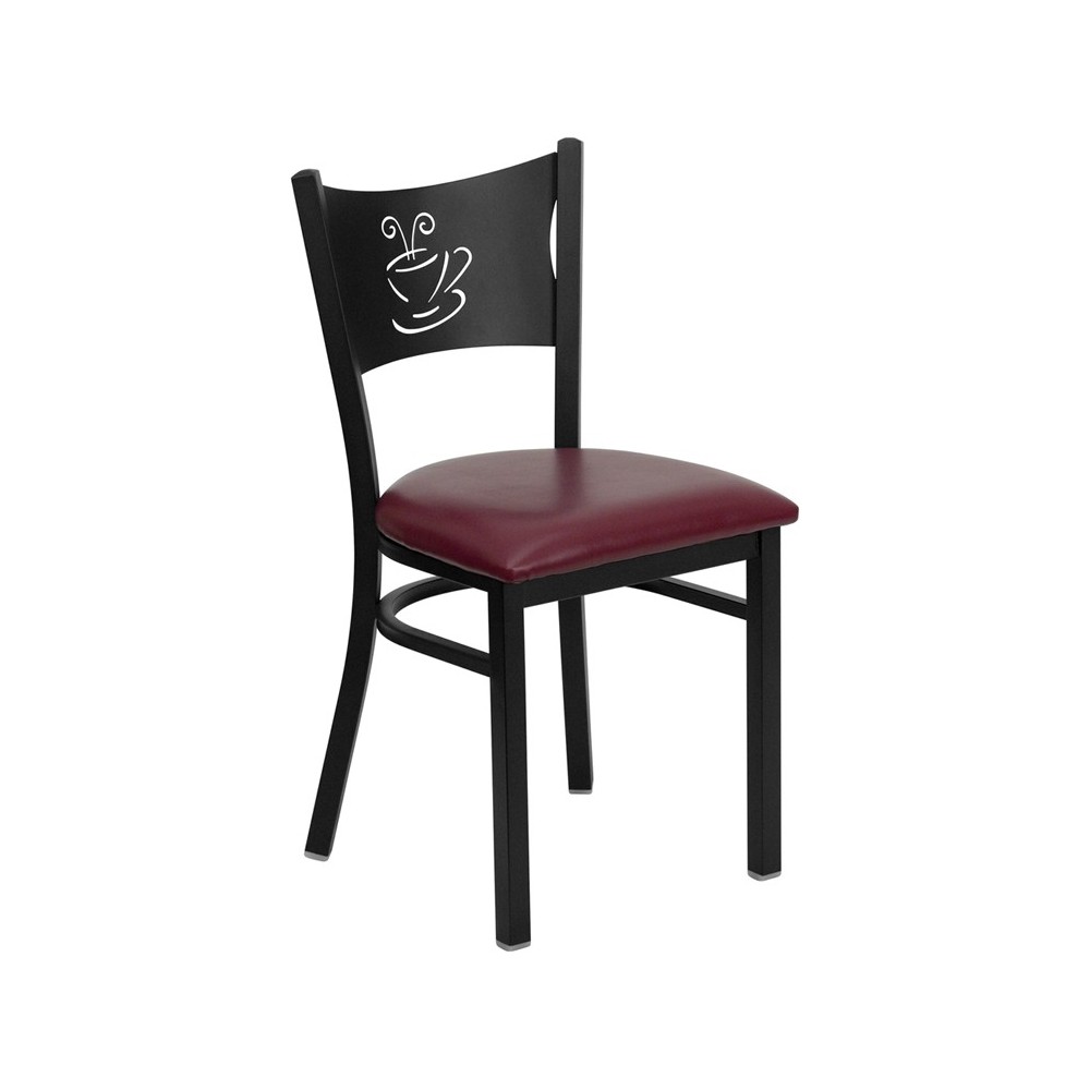 Black Coffee Back Metal Restaurant Chair - Burgundy Vinyl Seat