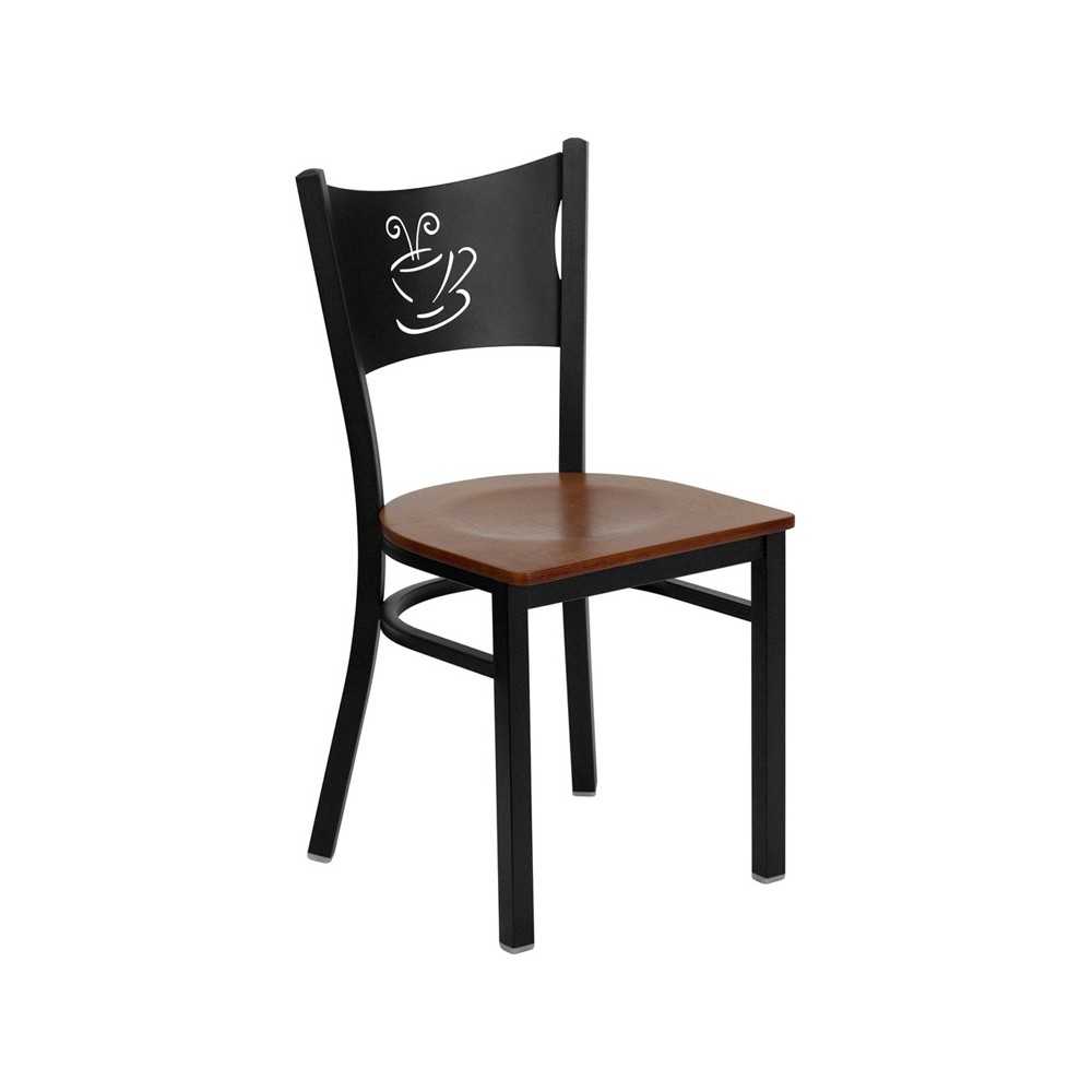 Black Coffee Back Metal Restaurant Chair - Cherry Wood Seat