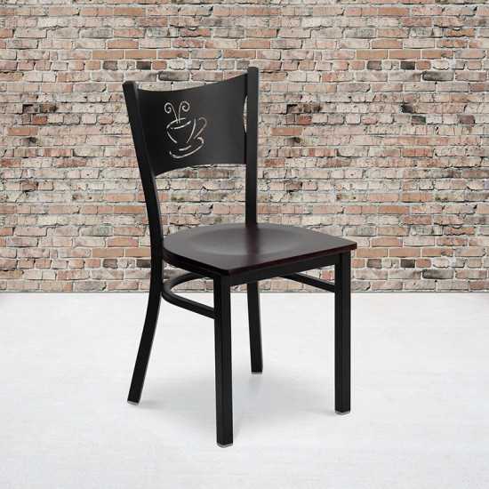 Black Coffee Back Metal Restaurant Chair - Mahogany Wood Seat