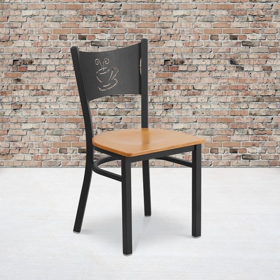 Black Coffee Back Metal Restaurant Chair - Natural Wood Seat