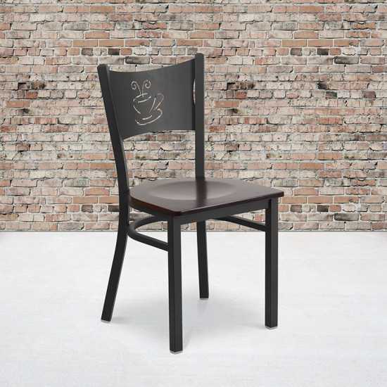 Black Coffee Back Metal Restaurant Chair - Walnut Wood Seat