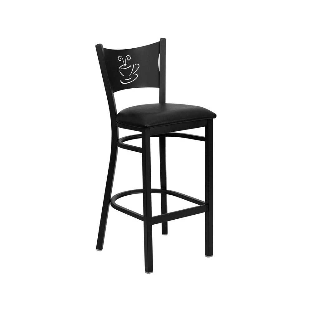 Black Coffee Back Metal Restaurant Barstool - Black Vinyl Seat