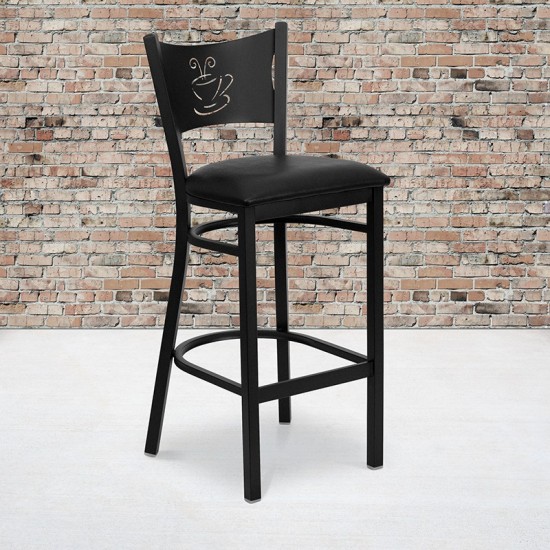 Black Coffee Back Metal Restaurant Barstool - Black Vinyl Seat