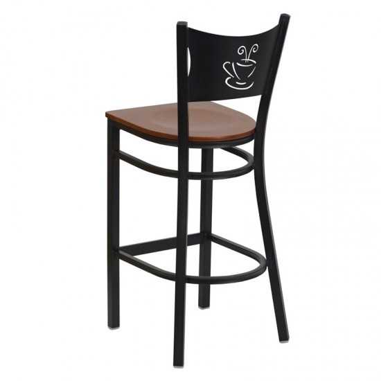 Black Coffee Back Metal Restaurant Barstool - Cherry Wood Seat