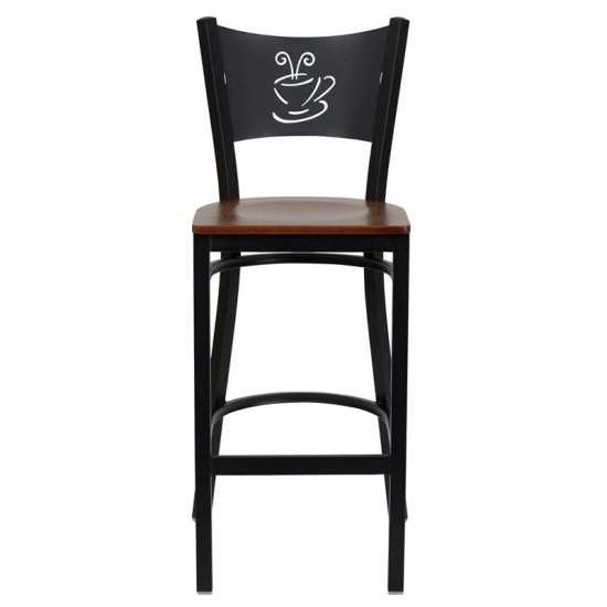 Black Coffee Back Metal Restaurant Barstool - Cherry Wood Seat