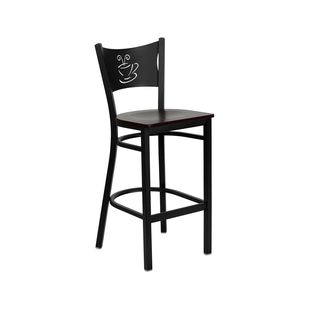 Black Coffee Back Metal Restaurant Barstool - Mahogany Wood Seat