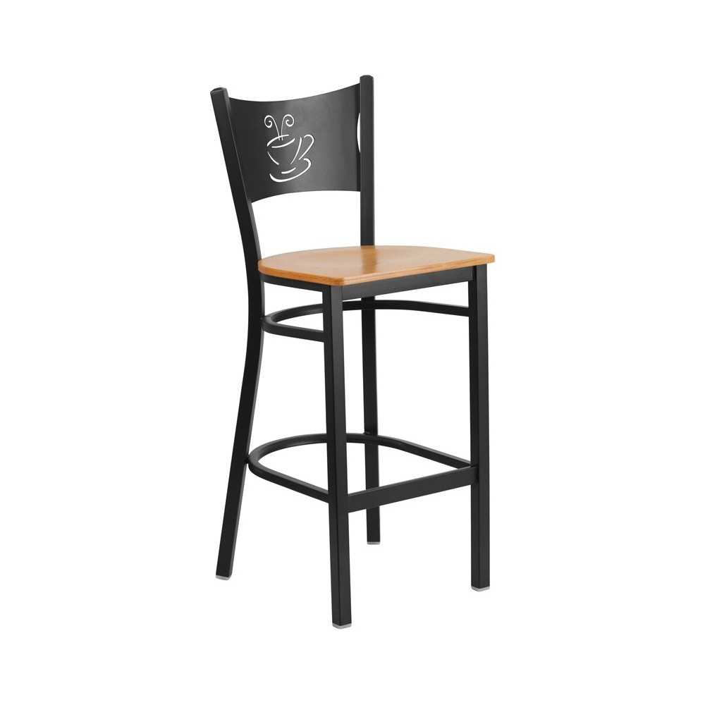 Black Coffee Back Metal Restaurant Barstool - Natural Wood Seat