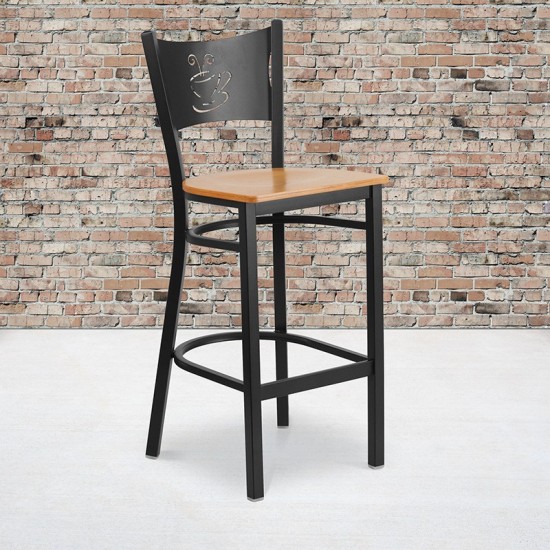 Black Coffee Back Metal Restaurant Barstool - Natural Wood Seat