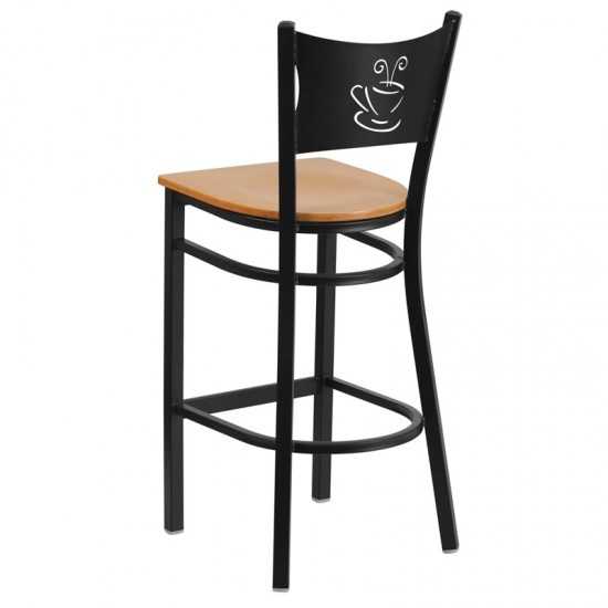 Black Coffee Back Metal Restaurant Barstool - Natural Wood Seat