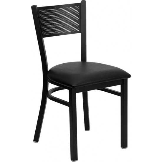 Black Grid Back Metal Restaurant Chair - Black Vinyl Seat