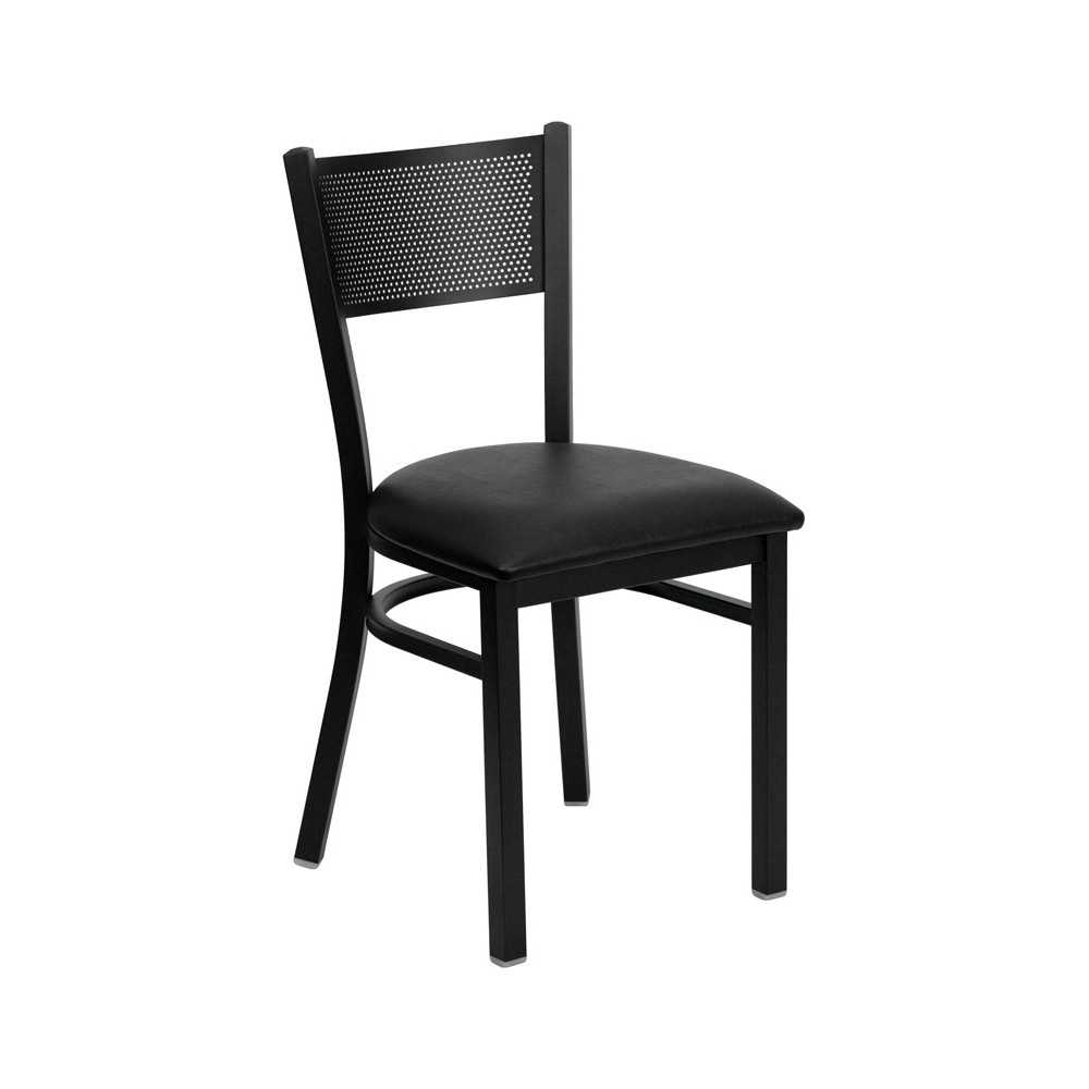 Black Grid Back Metal Restaurant Chair - Black Vinyl Seat