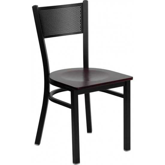 Black Grid Back Metal Restaurant Chair - Mahogany Wood Seat