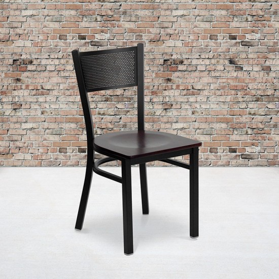 Black Grid Back Metal Restaurant Chair - Mahogany Wood Seat