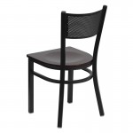 Black Grid Back Metal Restaurant Chair - Mahogany Wood Seat