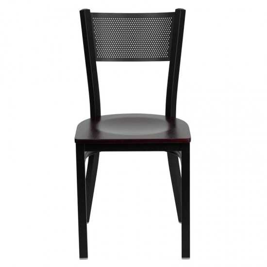 Black Grid Back Metal Restaurant Chair - Mahogany Wood Seat