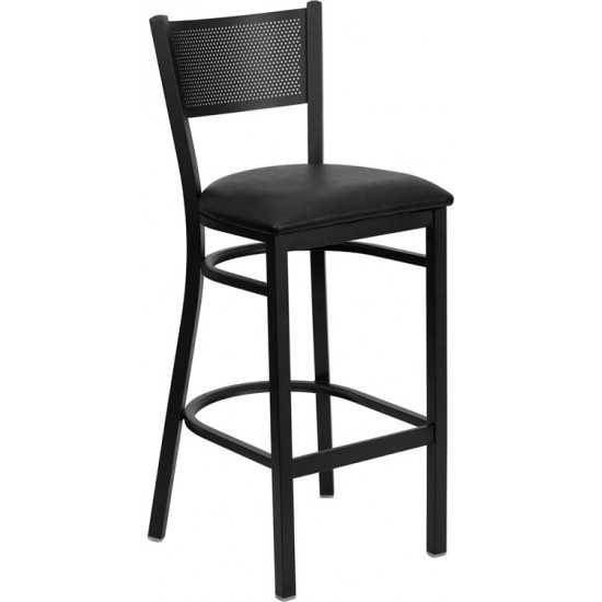 Black Grid Back Metal Restaurant Barstool - Black Vinyl Seat