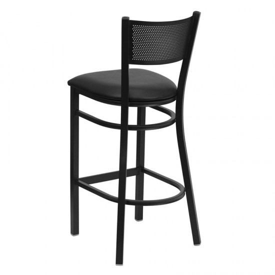 Black Grid Back Metal Restaurant Barstool - Black Vinyl Seat