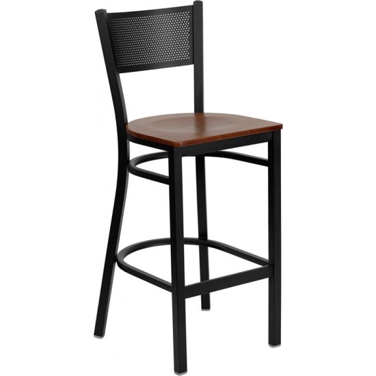 Black Grid Back Metal Restaurant Barstool - Cherry Wood Seat