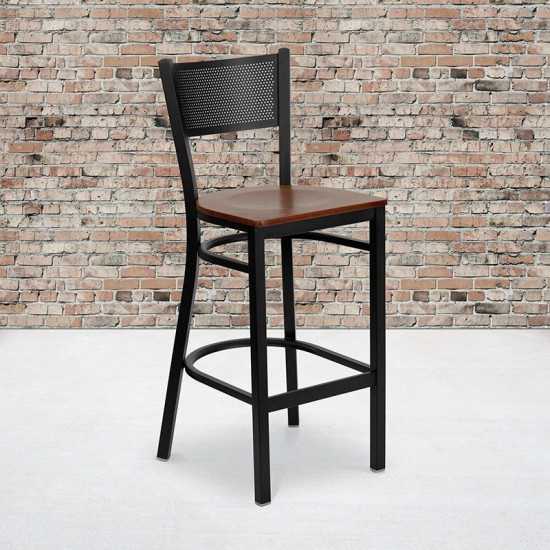 Black Grid Back Metal Restaurant Barstool - Cherry Wood Seat