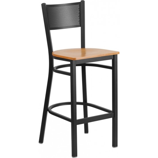 Black Grid Back Metal Restaurant Barstool - Natural Wood Seat