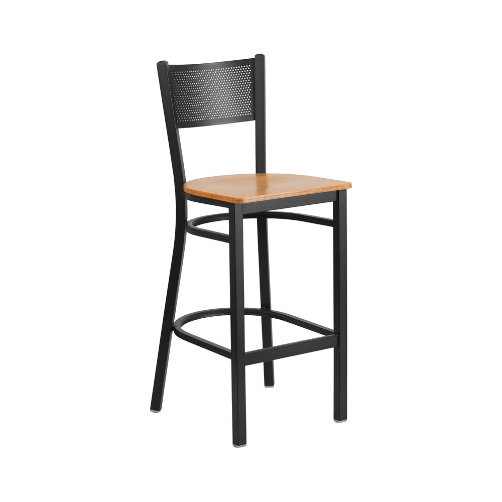 Black Grid Back Metal Restaurant Barstool - Natural Wood Seat