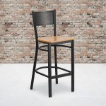 Black Grid Back Metal Restaurant Barstool - Natural Wood Seat