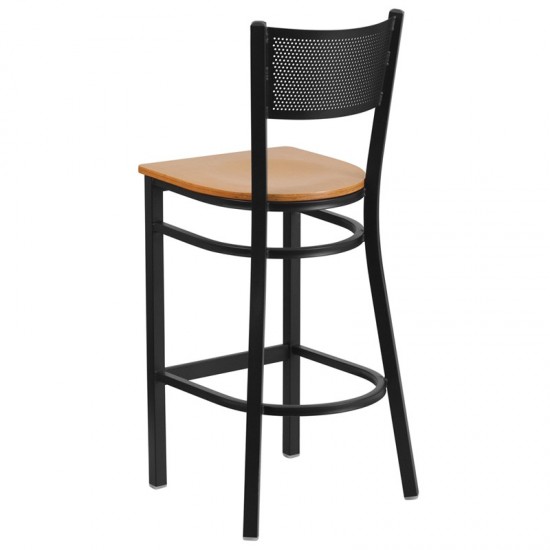 Black Grid Back Metal Restaurant Barstool - Natural Wood Seat