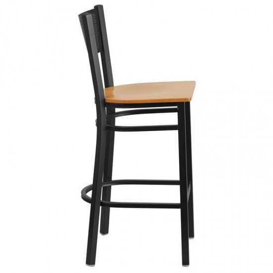 Black Grid Back Metal Restaurant Barstool - Natural Wood Seat