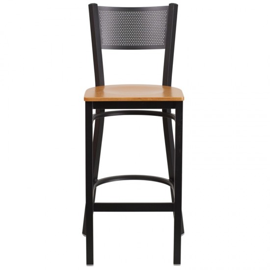 Black Grid Back Metal Restaurant Barstool - Natural Wood Seat