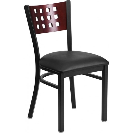 Black Cutout Back Metal Restaurant Chair - Mahogany Wood Back, Black Vinyl Seat