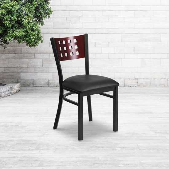 Black Cutout Back Metal Restaurant Chair - Mahogany Wood Back, Black Vinyl Seat