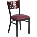 Black Cutout Back Metal Restaurant Chair - Mahogany Wood Back, Burgundy Vinyl Seat